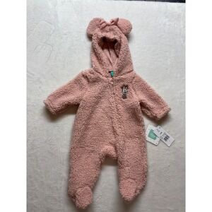 Disney Baby Minnie Mouse Pink Hooded Romper Size 0-3 Mo Full Zip Ears Bow Fleece